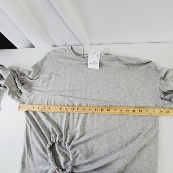 Zara Puff Sleeve Tie Front Sweatshirt Size L Lightweight Cutout Pullover NEW - Picture 7 of 11